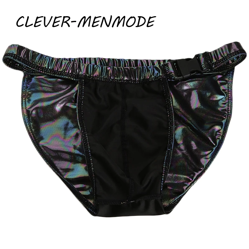 Men\'s Sexy Side Open Low Rise Briefs Laser Face PU Panties Leather Big Pouch Bulge Swim Trunks Club Bodybuilding Underwear