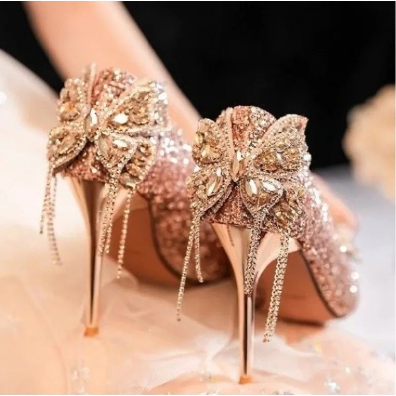 

Spring New Pointed Shallow Rhinestone Buckle Silk Wedding Shoes Thin High-heeled Banquet Dress Large Size Small Size Women Shoes
