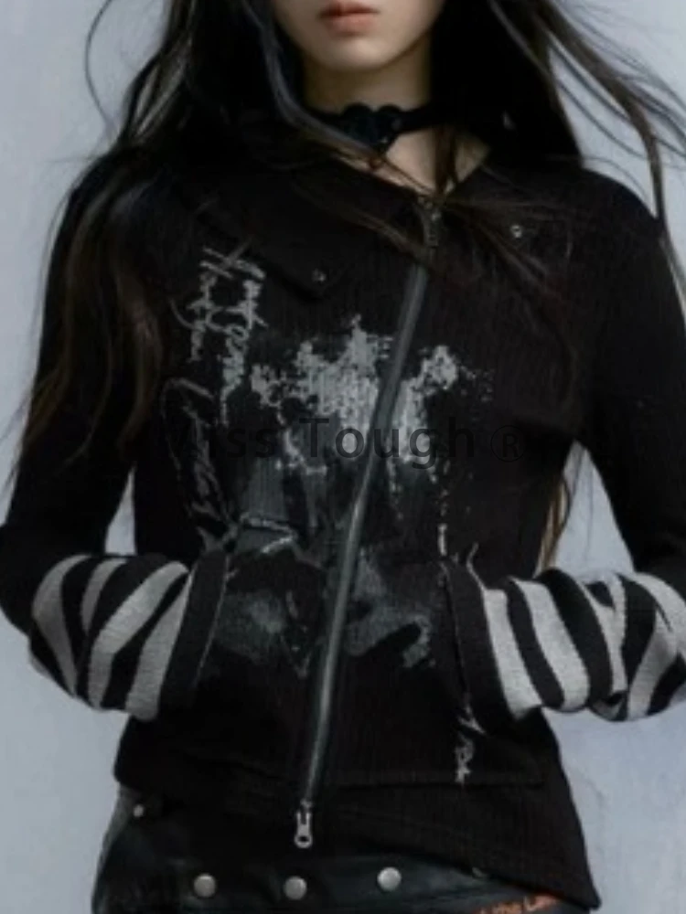 Gothic Vintage Punk Hoodie Women American Retro Grunge Y2k Graphic Striped Patchwork Zipper Tees Tops Spring 2024 Chic Clothing