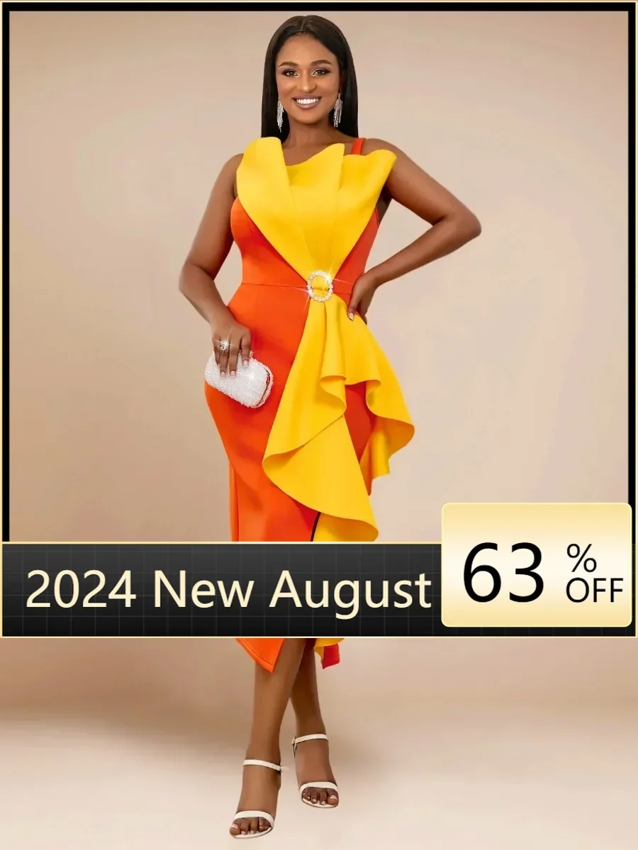 

Orange One Shoulder Party Dress for Women Ruffles Color Block High Waist Slit Birthday Cocktail Banquets Midi Outfits 3XL