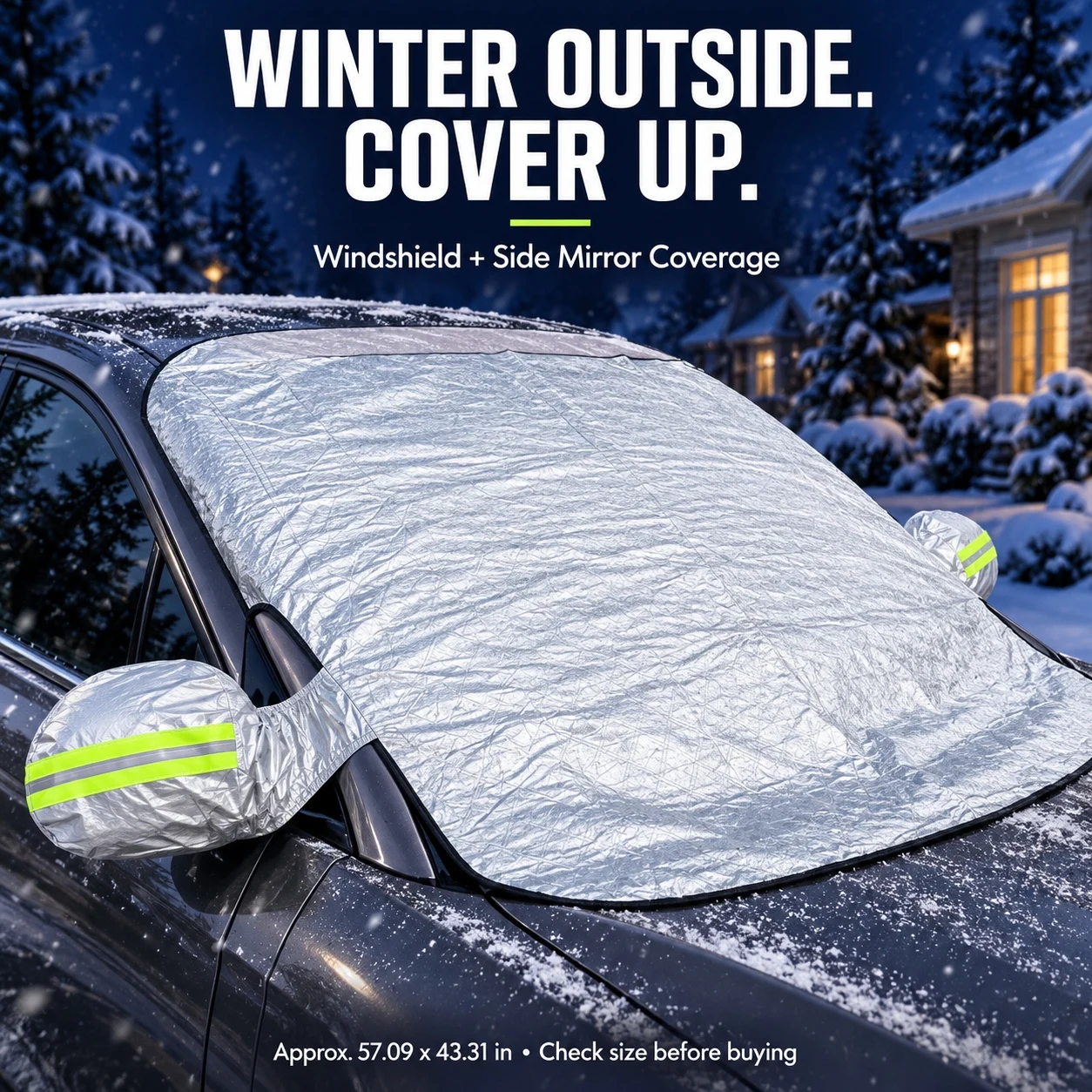 Car Windshield Cover for Snow and Ice with Side Mirror Covers, Silver Winter Frost Protector, 57.09 X 43.31 Inches, Front Windshield Coverage for Outdoor Parking at Home, at Work or in Driveways