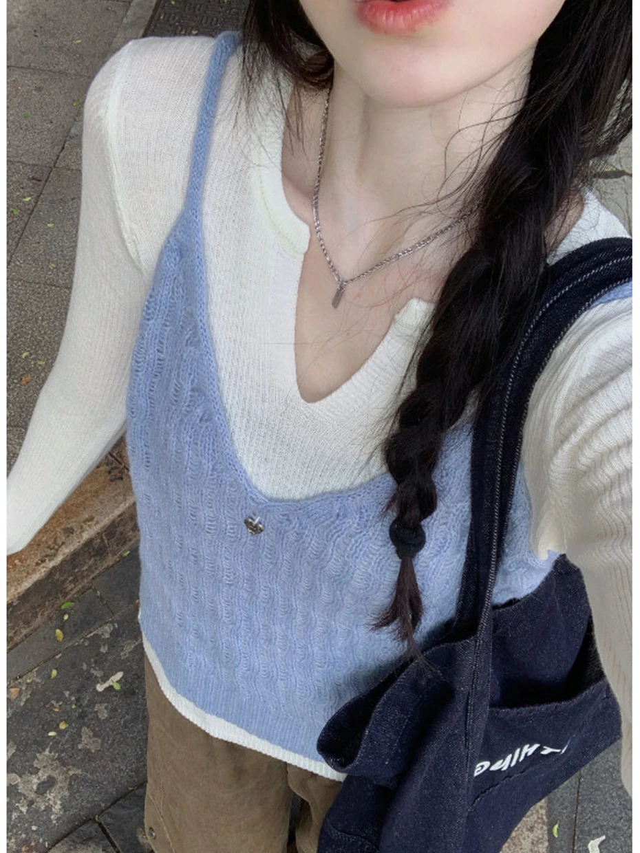 White Knitted Base Shirt Layering Korean Style Spring Atmosphere Clothing Set Two-Piece Set Commute Fashion Slim Fit Long Sle...