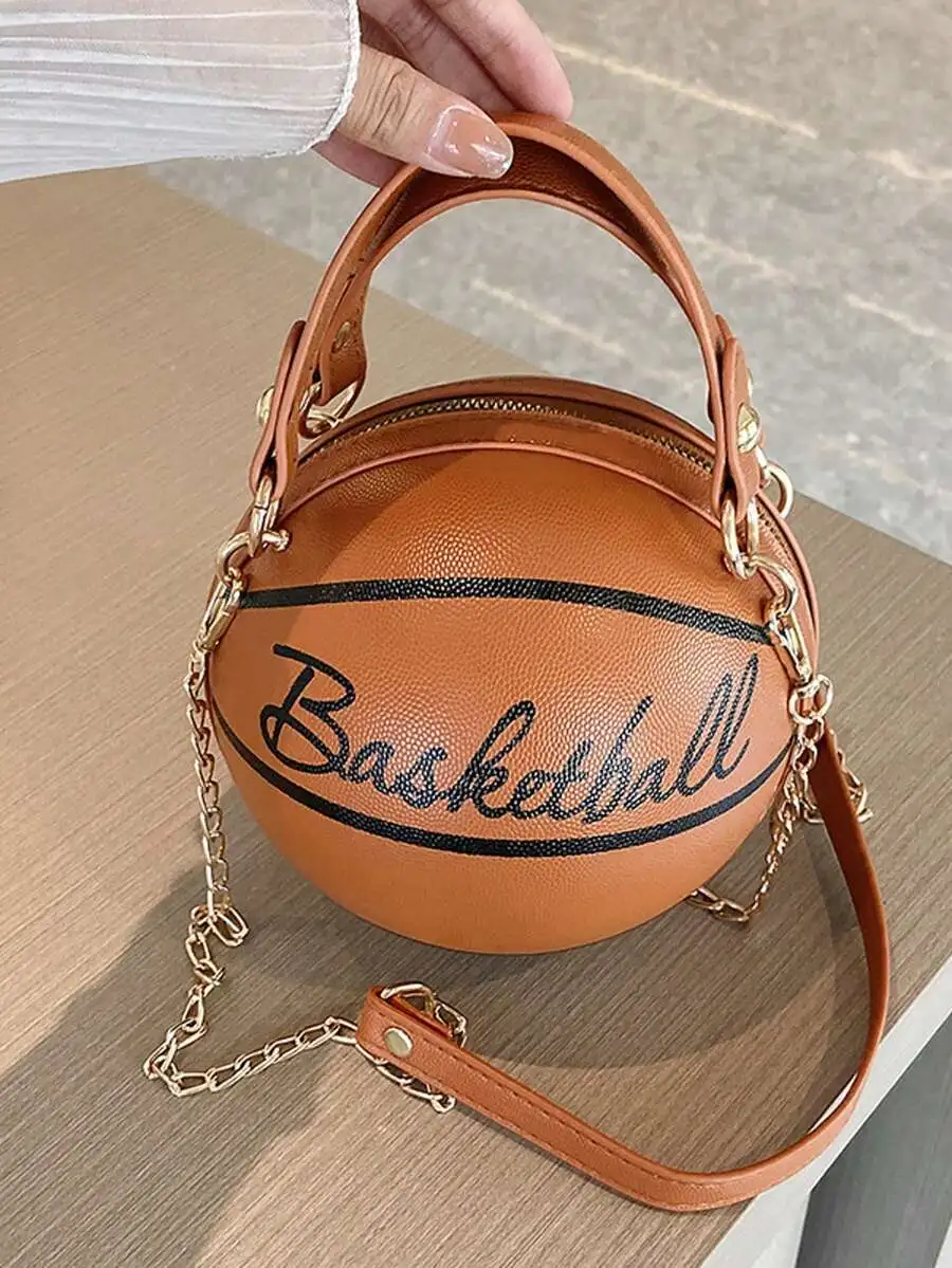 

Women's Round Top-Handle Bag with Chain Strap and Sporty Graphic Design