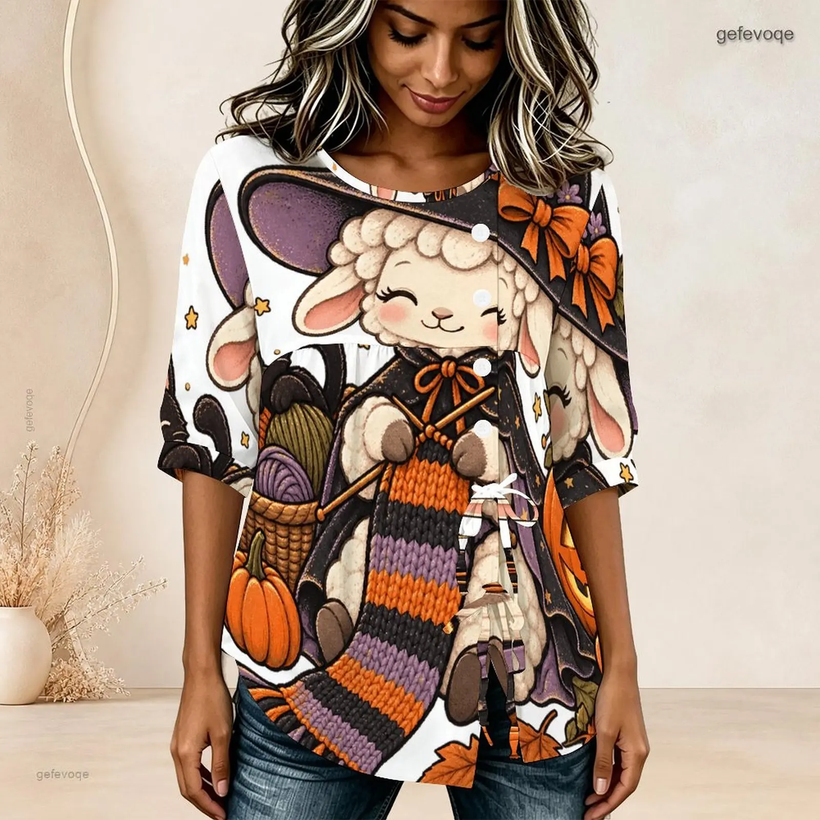 Women Blouse with Print Round Neck Half Sleeve Gathered Front Button Detail Tie Hem
