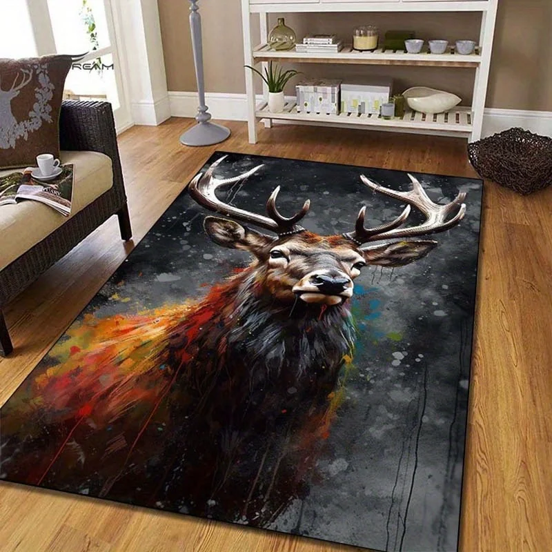Artistic Deer Rug for Rustic Living Rooms | Colorful Antler Print Carpet with Abstract Design | Nature-Themed Home Decor - view 2