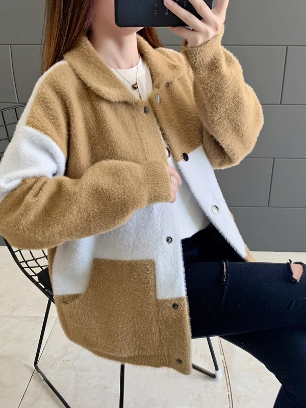 Women's Knitted Mink Cardigan Sweater 2026 New Autumn Winter Style Student Outerwear Fashionable Top Knitwear Jacket