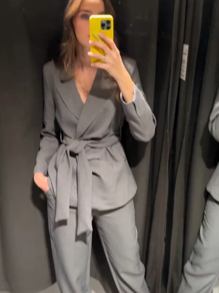 

HH Women Fashion Pants Suit Loose Lapel Belt Long Sleeve Shoulder Pad Solid Blazer Jacket+Zipper Autumn Pockets Bloomers Pants