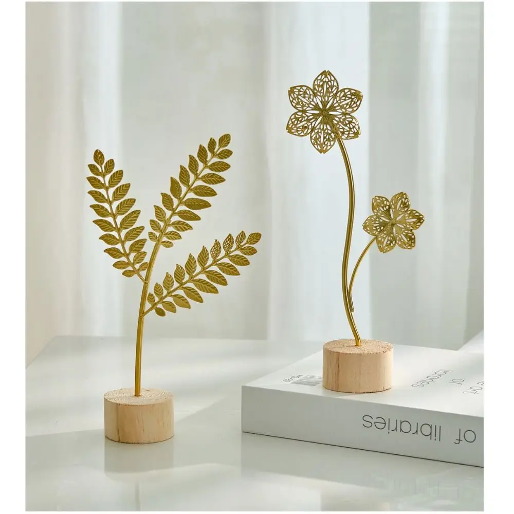 Wood Base Ginkgo Leaf Ornament Gold Green Iron Art Desktop Handicrafts Photo Props Hollow Out Leaves Tabletop Decoration