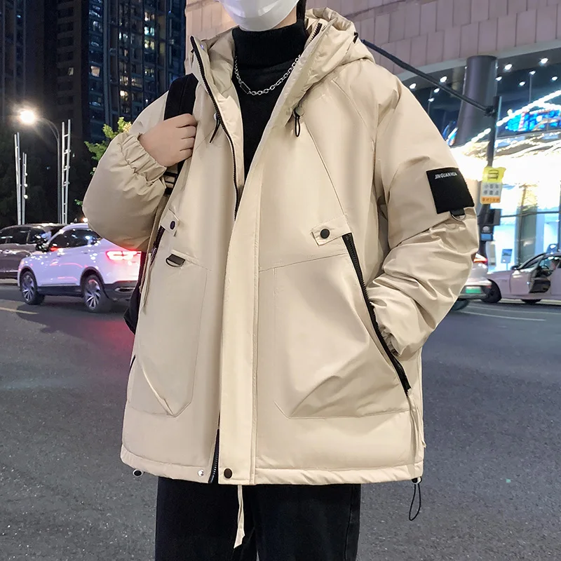 

New 2024 Winter Men's Casual Warm Parkas Clothing Outdoor Loose Hooded Cotton Padded Jacket Streetwear Solid Color Thicken Coat