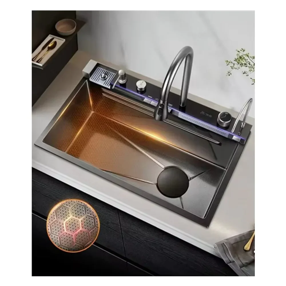 Tiktok Trend 304 SS Multifunctional Automatic Smart Digital Display Waterfall Faucet Farmhouse Above Counter Kitchen Sink