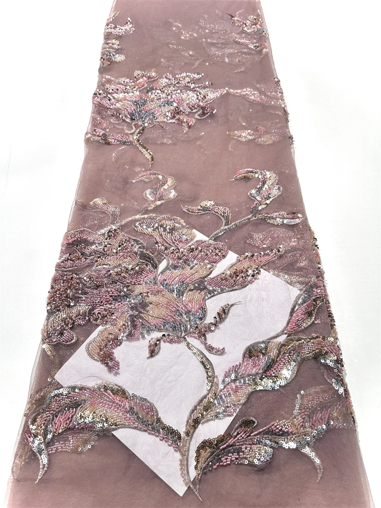 

High Quality French Mesh Lace Fabric Beaded African Lace Embroidey Fabrics Sequins Luxury For Sew Wedding Dresses, 5yard