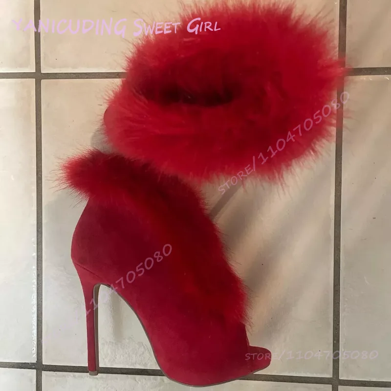 

Ankle Tassel Long Plush Red Peep Toe Booties Women Black Stiletto Open Heels Cute Girl Winter Party Patchwork Casual Party Shoes