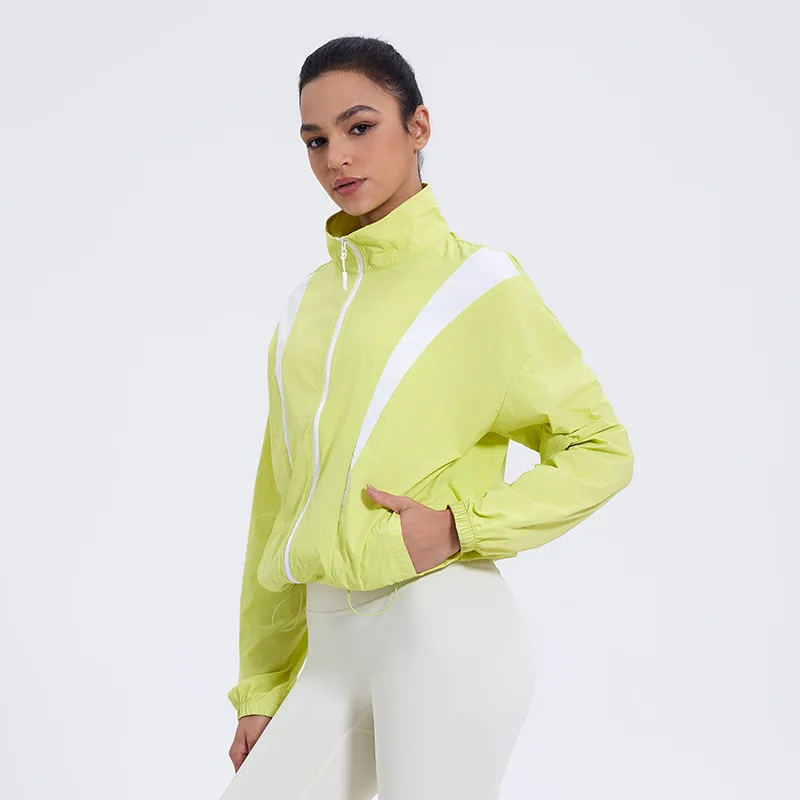 Stand Collar Sunscreen Yoga Jacket Women Gym Fitness Quick Dry Breathable Color Contrast Jacket Loose Lightweight Coat