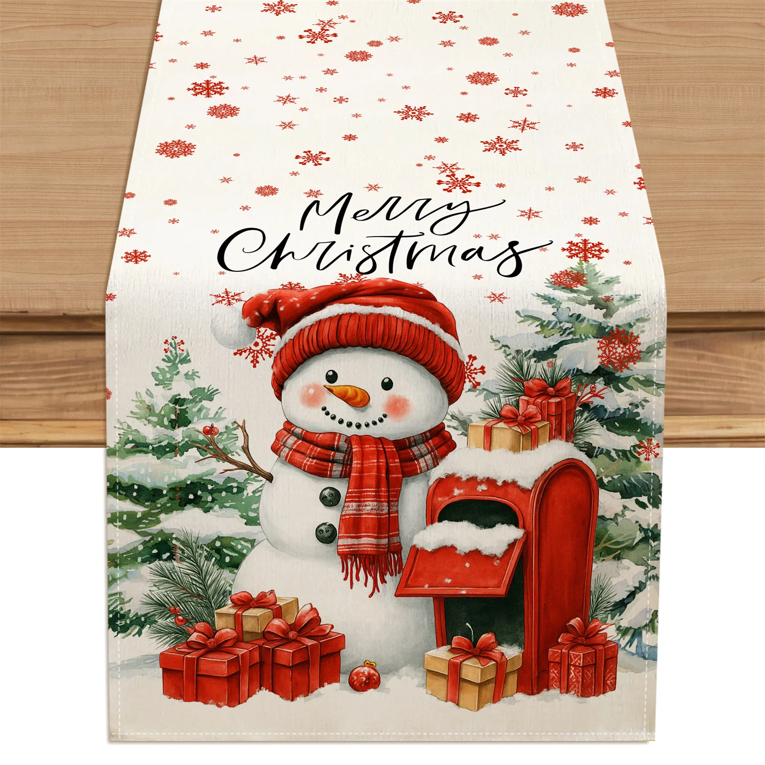 Christmas Snowman Snowflakes Pine Tree Linen Table Runner Party Decor Winter Xmas Kitchen Dining Table Runners Christmas Decor