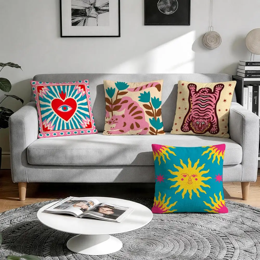 Dopamine Pink Blue Tiger Cushion Cover Natural Breathable Durable Linen Printed Decor Pillow Case Sofa Bedroom