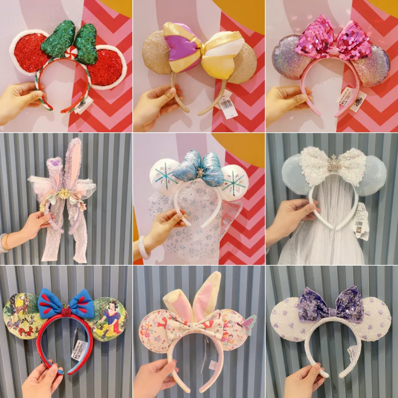 

Anime Disney Princess Mickey Minnie Ears Headband Frozen Leather Headband Hairband Sequin Bow Party Hair Accessories Gift Toy