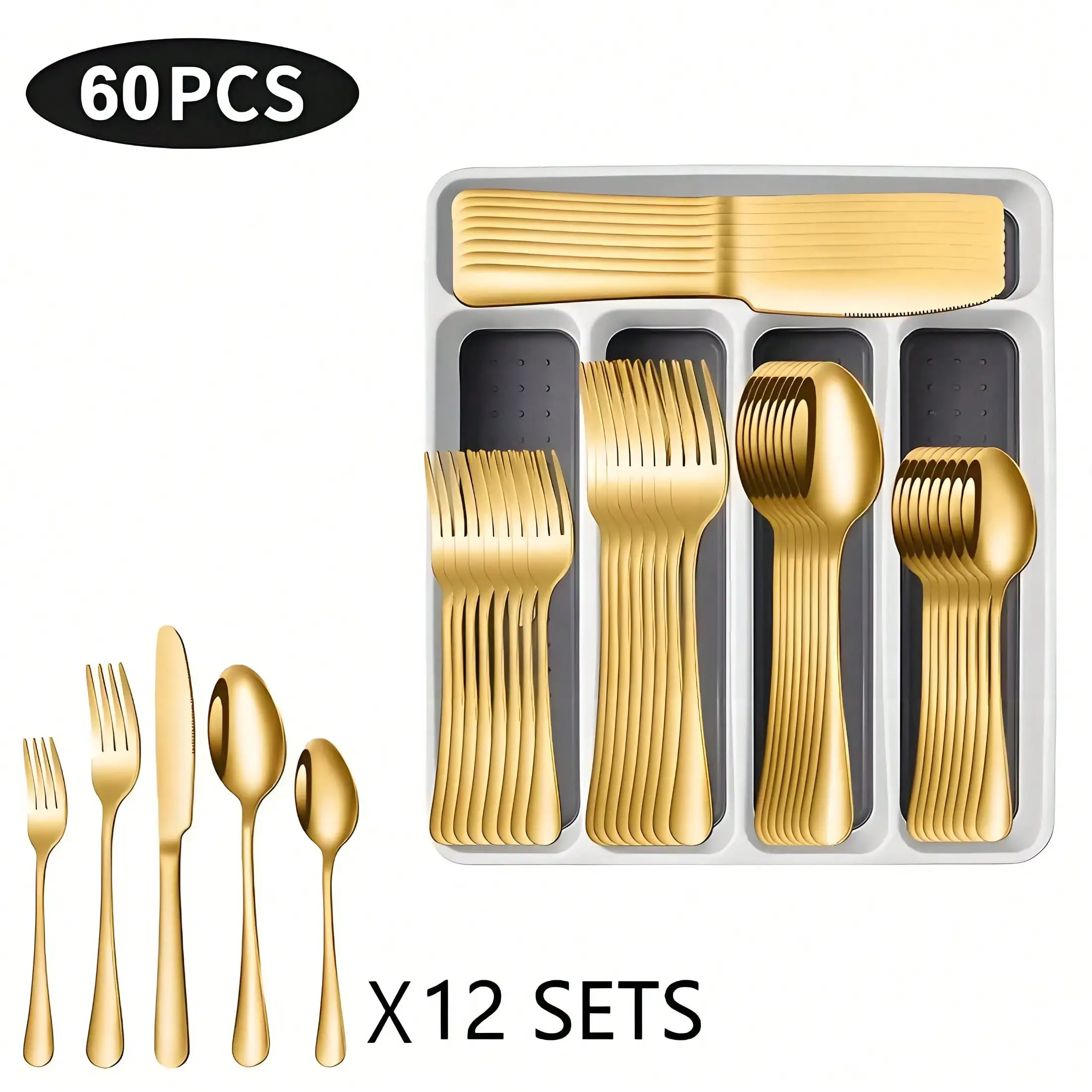 Golden 30/60pcs Silverware Sets With Organizer,, Service For 6/12 Person,Includes Knives Spoon And Fork Sets For Kitchen Accessories,Stainless Steel Tableware Flatware Sets,Cutlery Sets Eating Utensils Sets