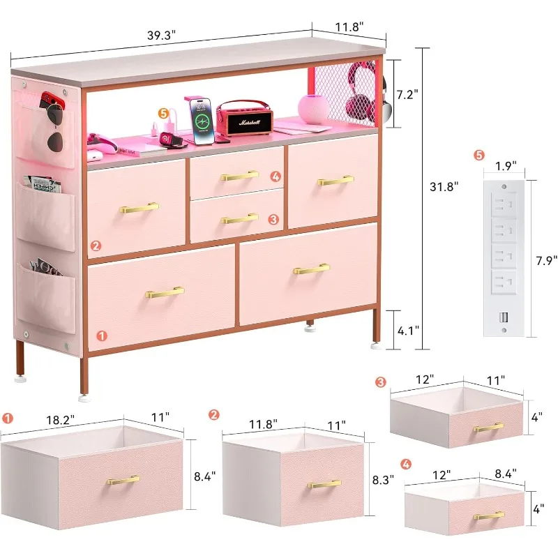 Dresser for Bedroom TV Stand with Power Outlets and LED Light, 6 Drawers Dresser with Side Pockets & Hooks, for 45