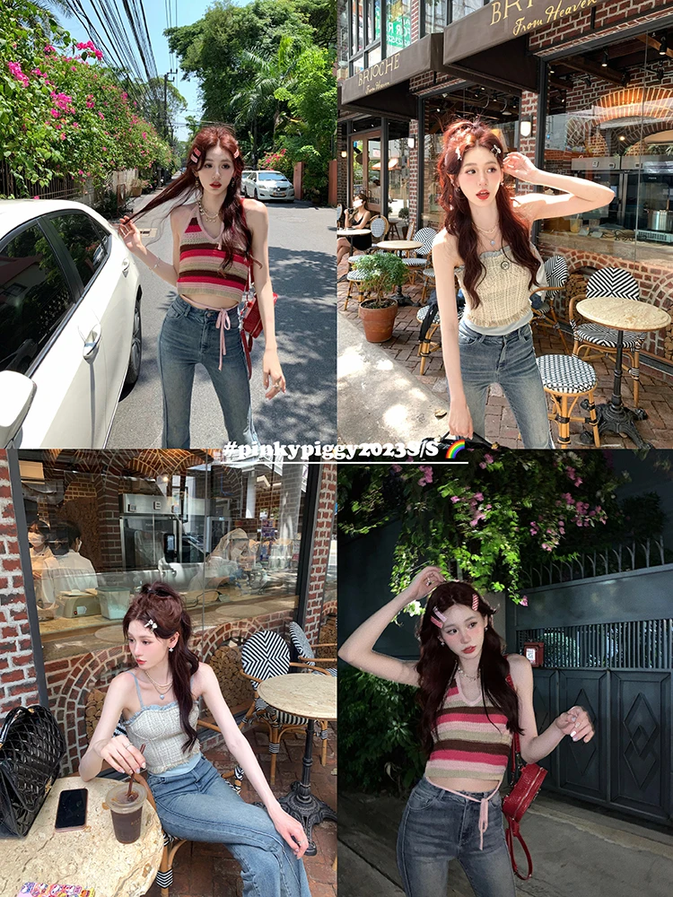 

Pinky Piggy Thai Land Summer Sweet Heart Spicy Girl Strap Women's Outerwear Faionable ort Top Vaion Sle Splice