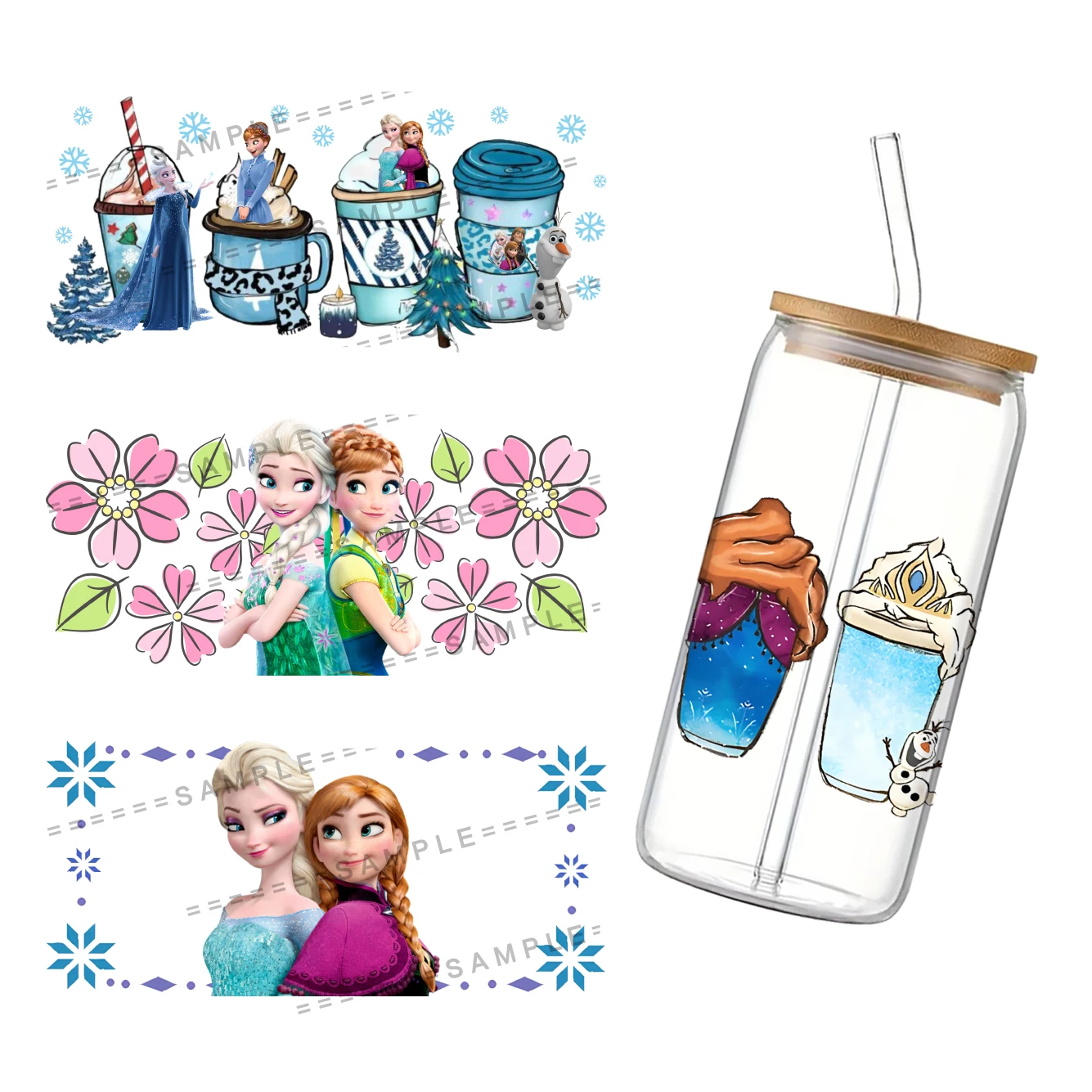 Nice Cute Disney Princess Frozen Design 3D UV DTF Cup Wrap Transfers Stickers Waterproof 16oz Glass UV DTF Wrap