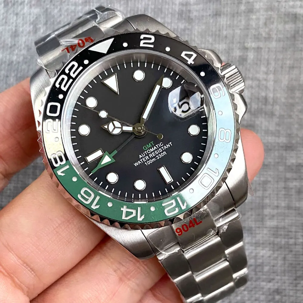 

BLIGER NH34 GMT Diver Mechanical Watch Men Green/Red/Blue Hand 904L Bracelet 120clicks Bezel Sapphire Cyclop Steel Clock