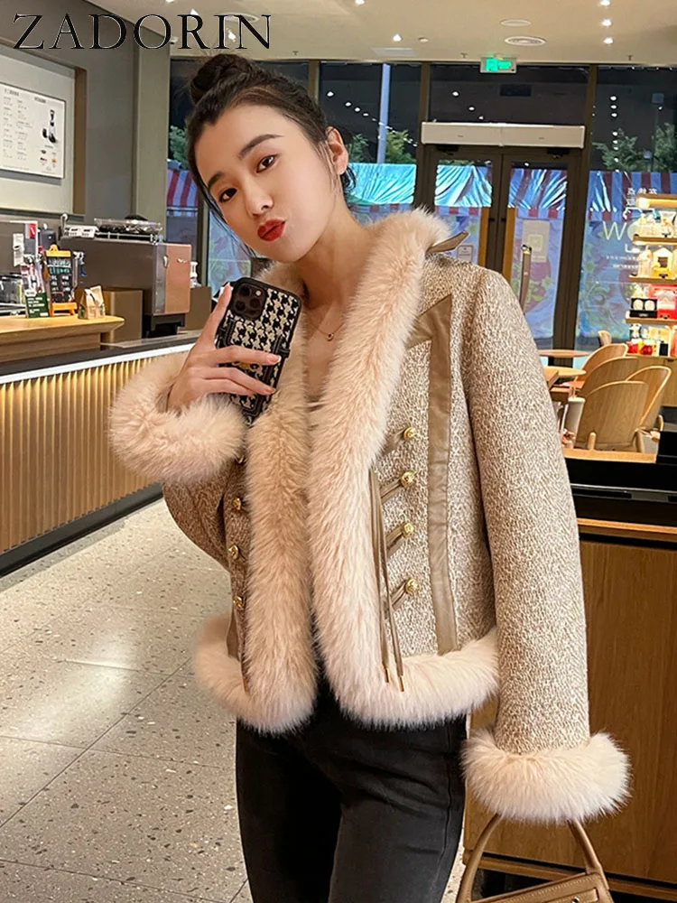 ZADORIN Luxury Winter Faux Fur Coats for Women Elegant Tweed Tops With Faux Fox Fur Trim Long Sleeve Cropped Fur Jacket Overcoat