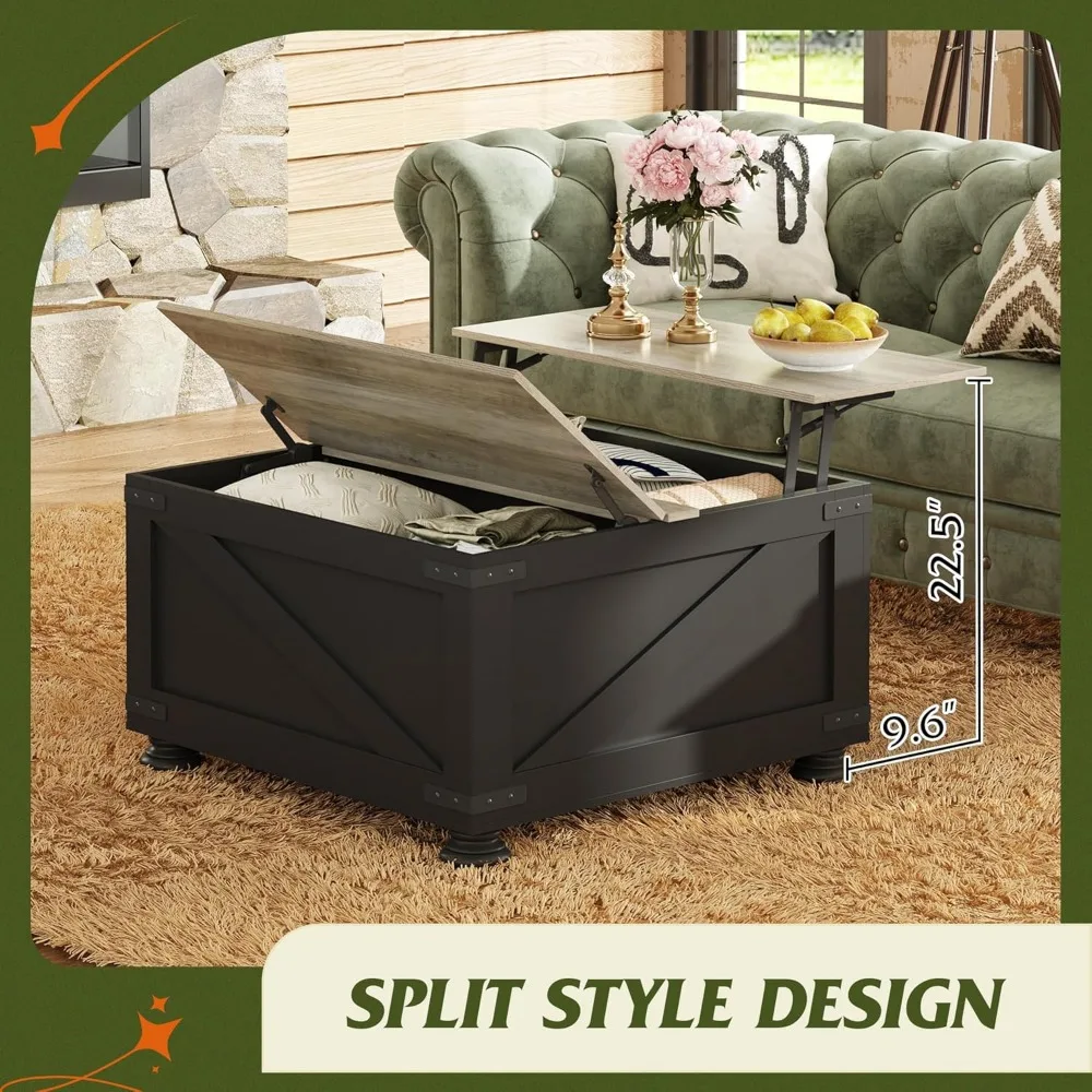 Meja kopi atas Farmhouse, Meja tengah kayu persegi 31.5 "dengan tutup Flip-Top dan kompartemen penyimpanan tersembunyi besar