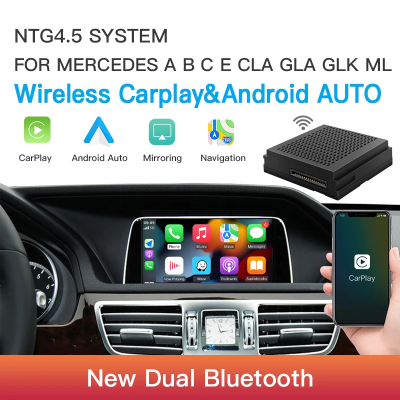 Wireless Carplay and Android Auto for Mercedes Benz A B C E CLA GLA GLK ML NTG4.5 with Baker Module Navigation Airplay, Plug and