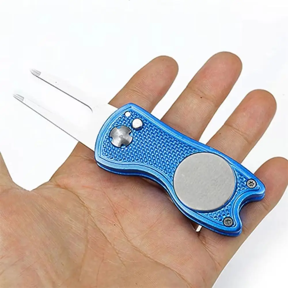 Magnetic Marker Golf Divot Repair Tool Pop-up Button Foldable Putting Green Fork Golf Pitchfork Durable Golf Repair Fork