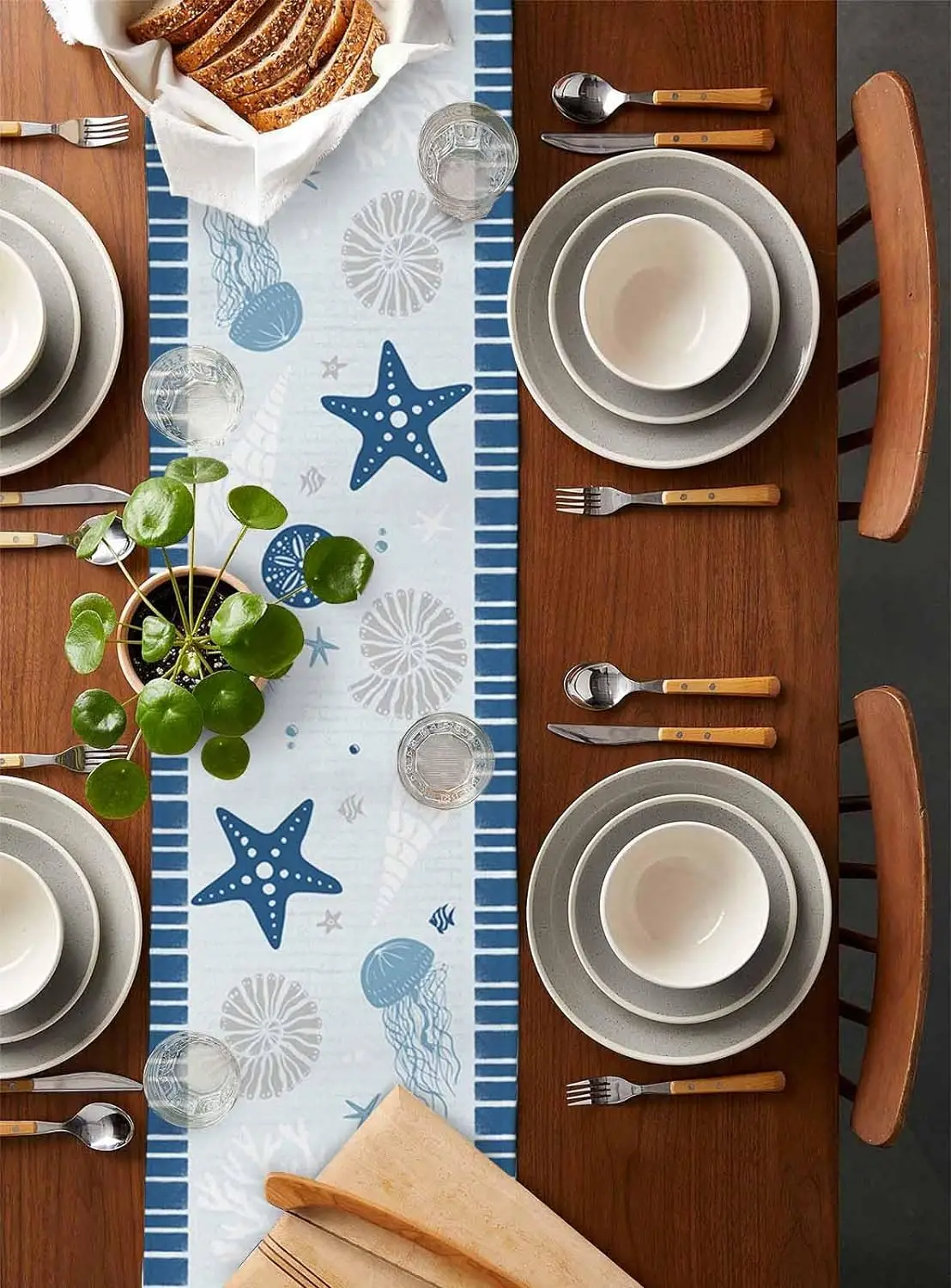 Summer Ocean Nautical Starfish Coral Striped Linen Table Runner Dress Scarves Reusable Kitchen Dining Table Runners Party Decor