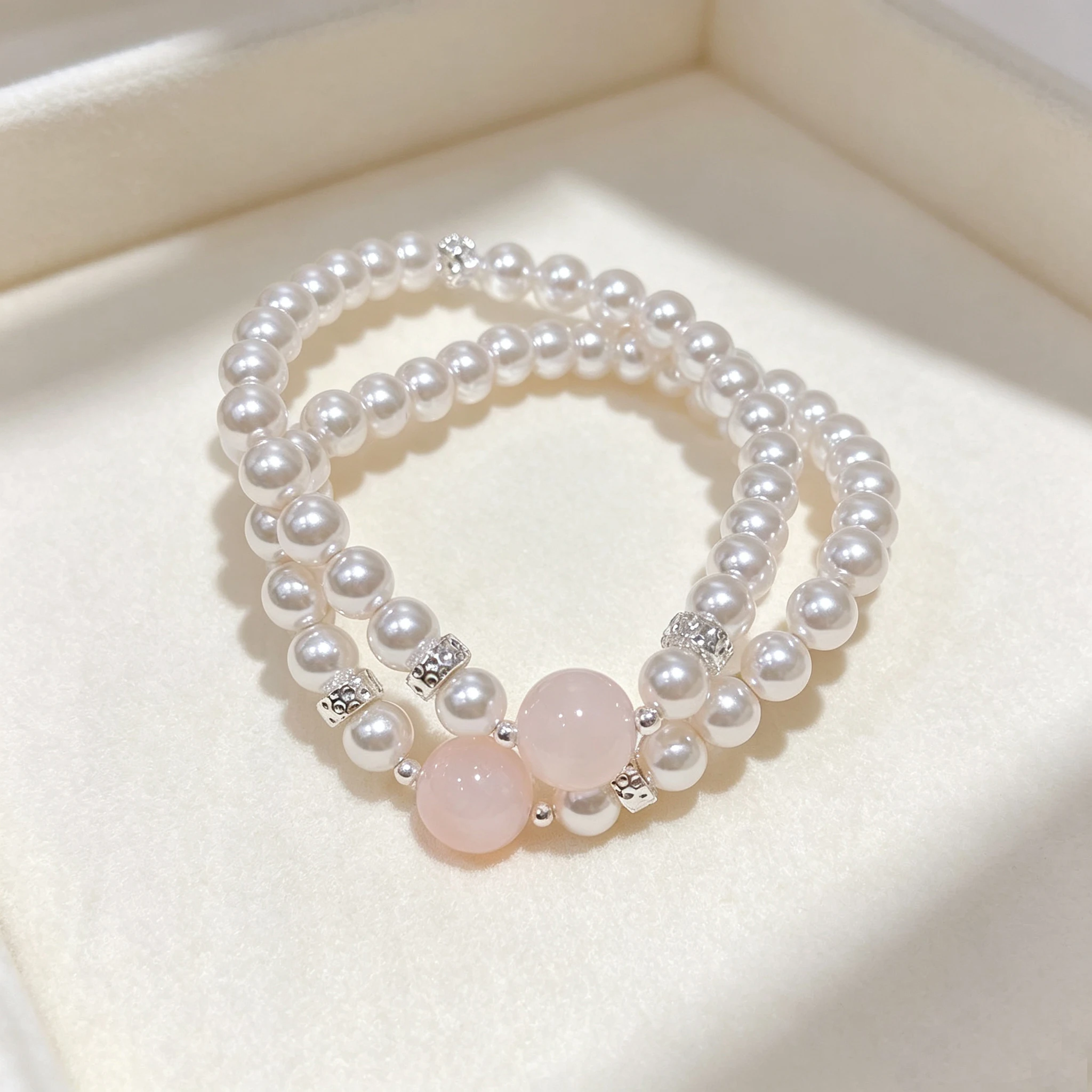 Vintage Ladies Dainty Simulated Pearls Pink Crystal Strand Beaded Bracelet Elegant Wrist Bangle Sweet Daily Wear Women Accessory