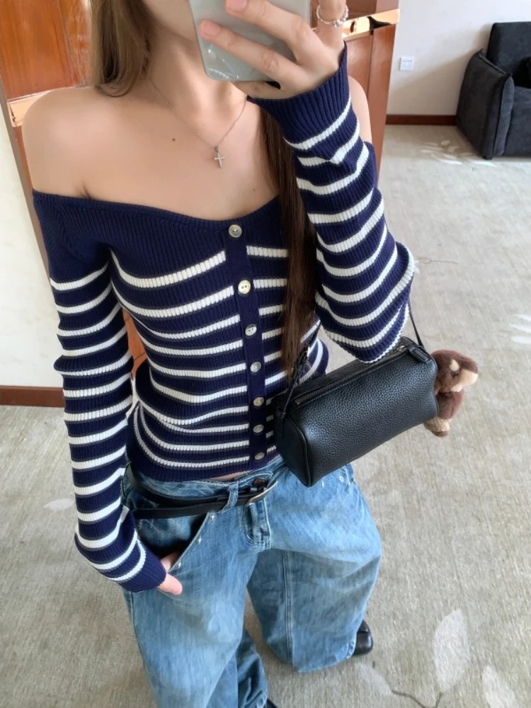 한국 슬레 컬러 블로 스트라이프 원숄더 롱 슬리브 니트 스웨터 여성용 가을 겨울 슬림핏 달콤하고 매운 시크...