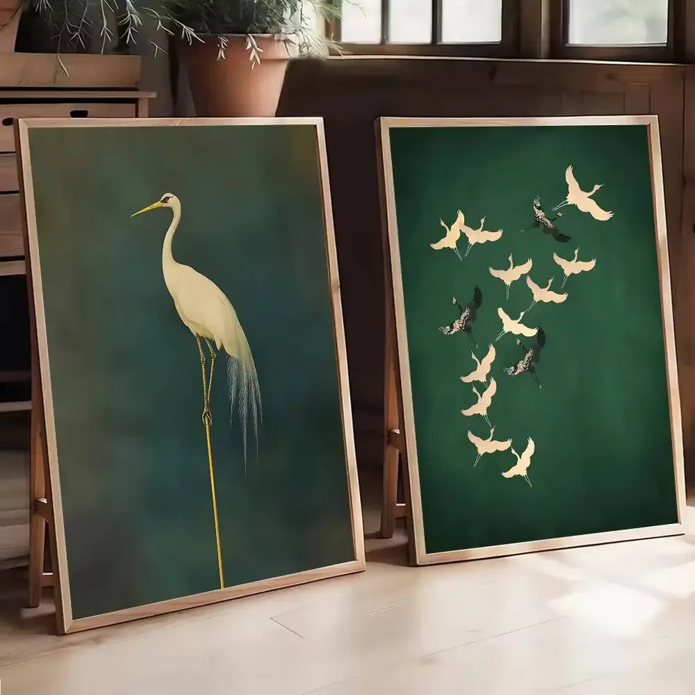 Canvas Paintingcanvas Painting Pájaro Verde Y Blanco Estilo Japonés Retro, Adhesivo Artístico Autoadhesivo, Papel Impermeable