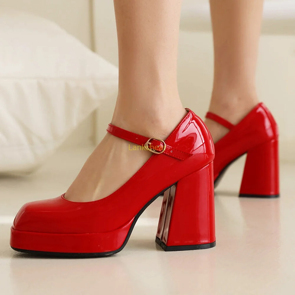 

Red Patent Leather Thick Heel Pumps Sexy Square Toe Square Heel Ankle Strap New Arrivals Fashion Women Runway Shoes