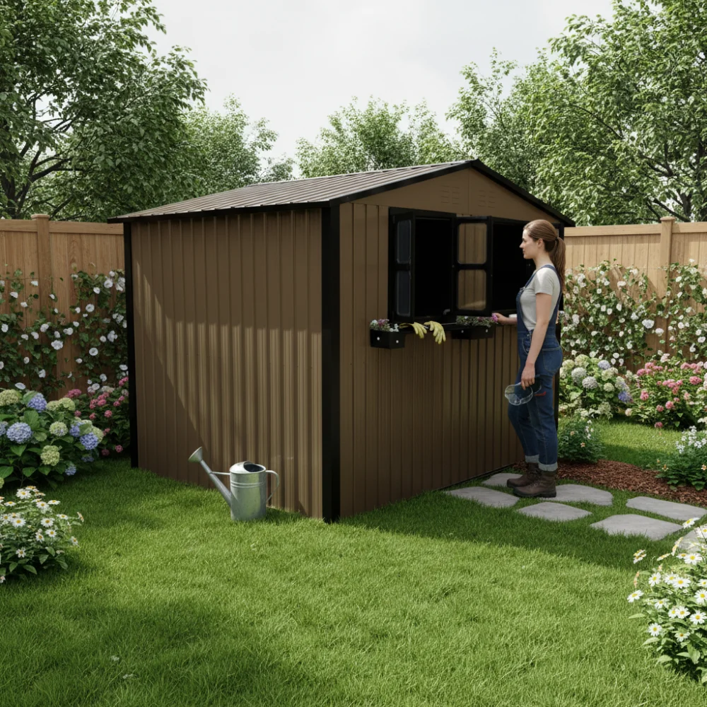 

6x9 FT Outdoor Metal Storage Shed with Window & Flower Rack, Lockable Double Doors Tool Shed, Waterproof Weatherproof Garden Shed for Backyard Patio Brown Black