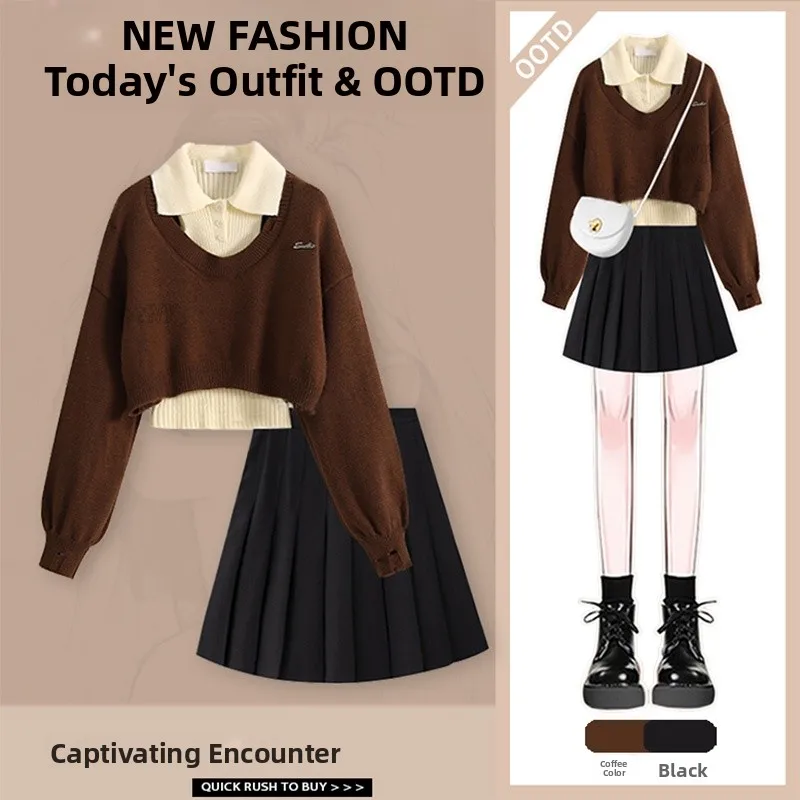 

Осенне-зимний вязаный комплект: свитер, жилет, плиссированная юбка, футболка, V-образный вырез, длинный рукав, полиэстер