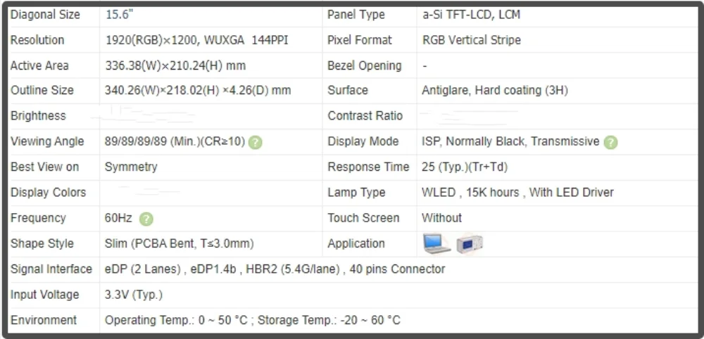 Tela LCD Painel IPS, Não-Toque, FHD, 1920x1200, 60Hz, LP156WU1-SPB1, LP156WU1 SPB1, 15,6"