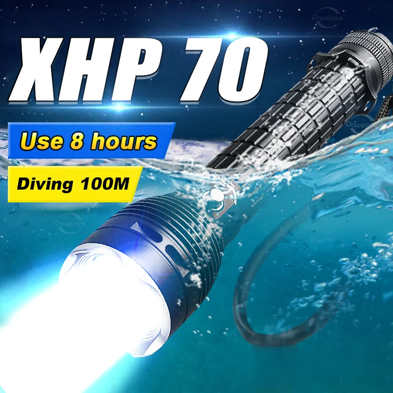 XHP70 Professional IPX8 High Power LED Diving Flashlight Ultra Powerful Rechargeable Led Diving Light Waterproof Hand Torch Lamp