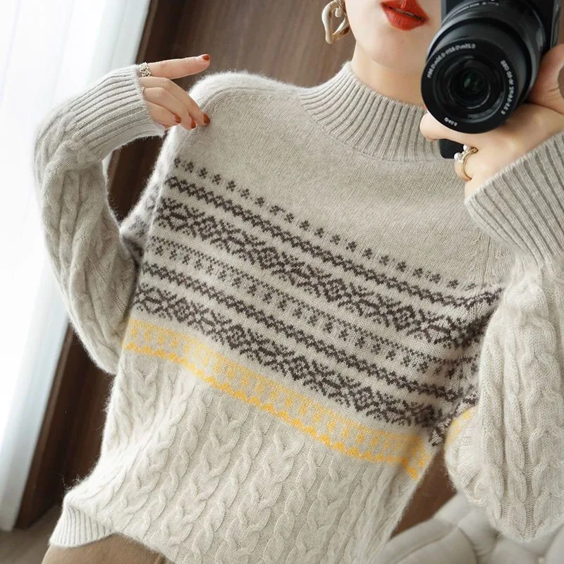 New Autumn/Winter Fashion Korean Edition Vintage Jacquard Half High Neck Loose Versatile Foreigner Women\'s Long Sleeve Sweater