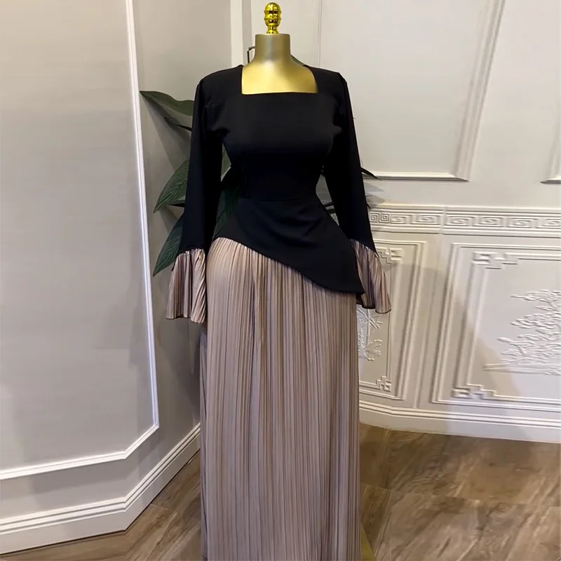 Birthday Sexy Club Party Even Dresses Women Patchwork Flare Long Sleeve U-Collar Pleated Big Swing Maxi Long Dress