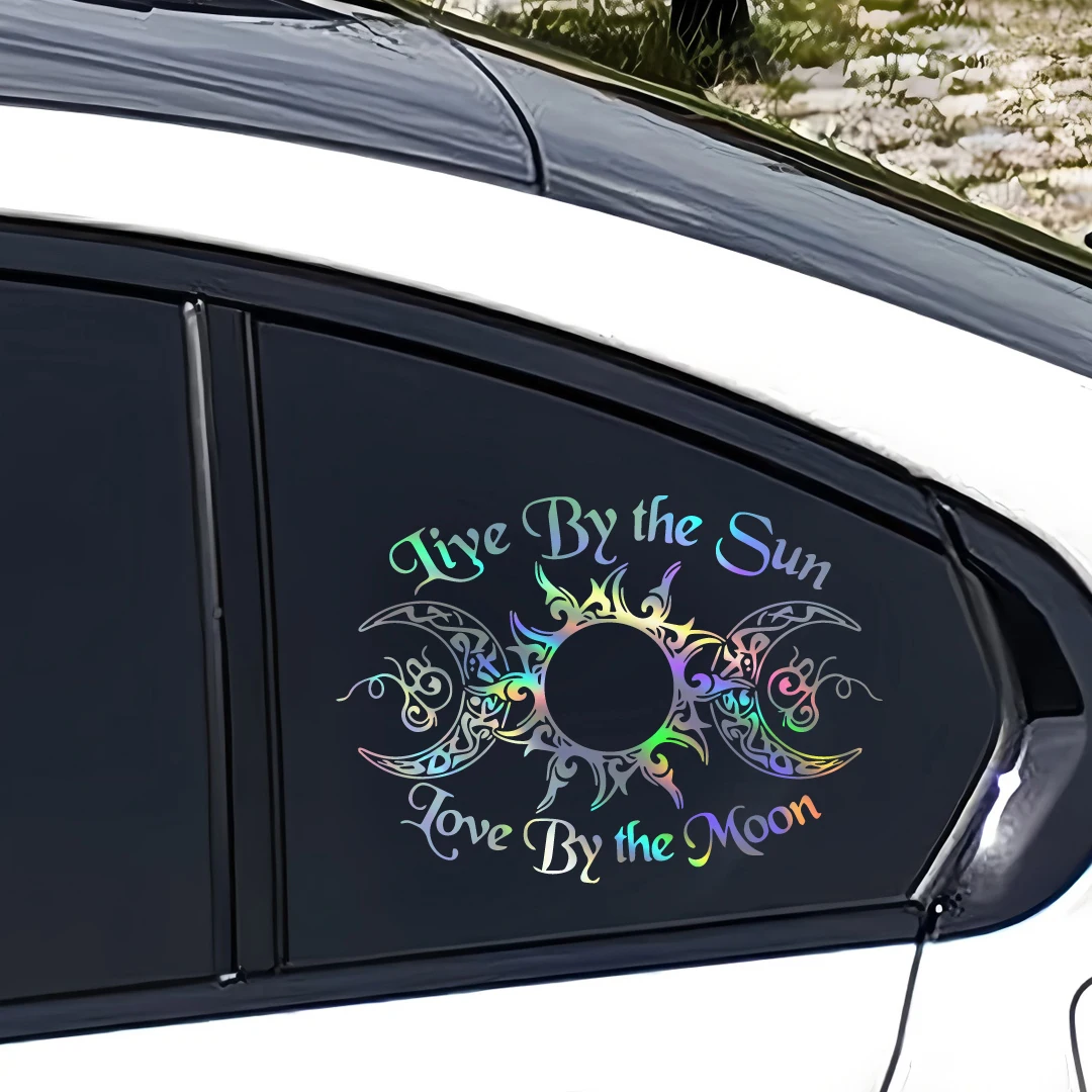 Tribal Sun Moon Live By The Sun Sticker, Waterproof Vinyl Decal for Car Side, Window, RV, Boho Spiritual Wanderlust Decor