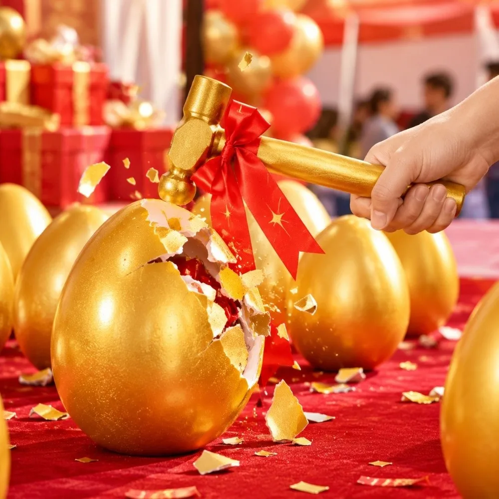 Photo Effect Golden Golden Hammer Red Round Tip Ceremonial Hammer Elegant Appearance Matching Ribbon Round Tip Project Kick Off