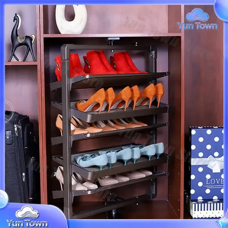 Rotating Shoe Rack for Household Cloakroom with Damping Buffer 360° Swivel Push-Pull Retractable Storage Organizer for Shoes