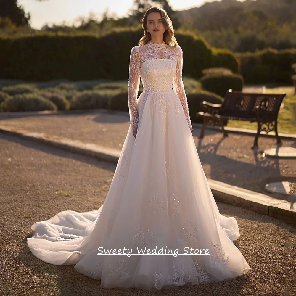 Customized Wedding Dress for Bride Fashion Long Sleeves High Neck Beading Lace Satin Bridal Gown Sweep Train Robe Mariee