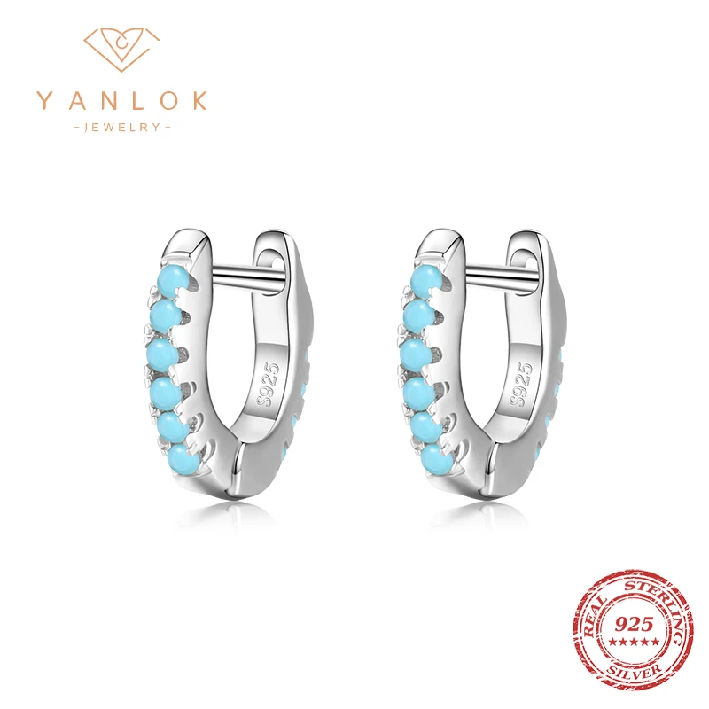 YANLOK Fashion 925 Sterling Silver Blue Turquoises Stone Hoop Earrings for Women Very Small Charm Earrings Classic Jewelry