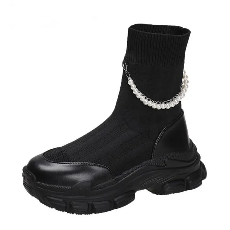 

7cm Women Sock Boots for Autumn Flat Shoes Black Boots for Women British Style Metal Chain Fashion Women Sock Boots Shoes