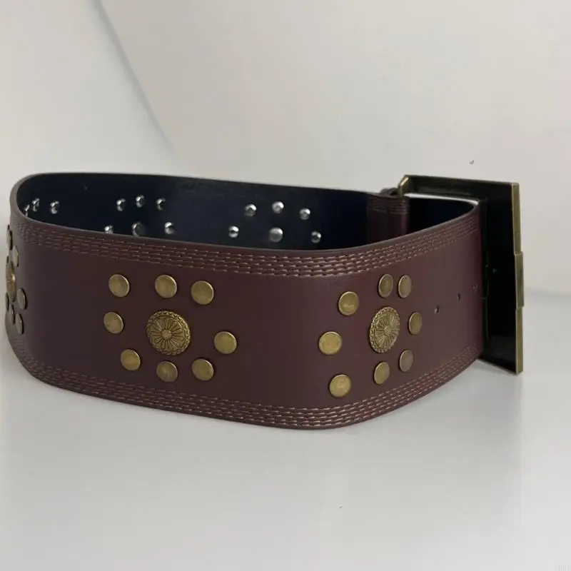 Wide Studded Waist Belt for Women with Adjustable Pin Closure, Triple-Row Stitching for Dresses and Layered Outfits Y08E