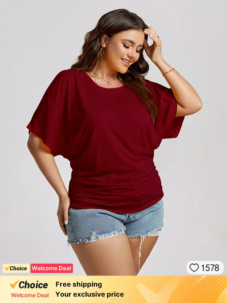 

Plus Sized Clothing Summer Women's Tee Comfortable Ruched Split Sleeve Half Sleeve Batwing Sleeve O Neck Pullover Loose Tops