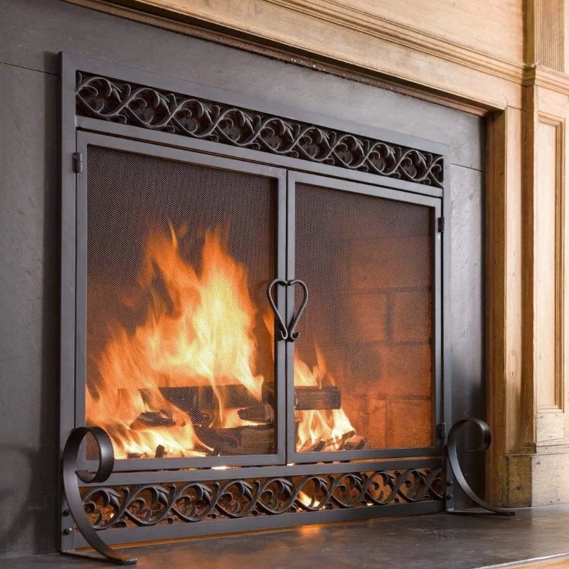 

Wrought iron retro metal fireplace screen, living room heater with mesh double door fence decorative partition