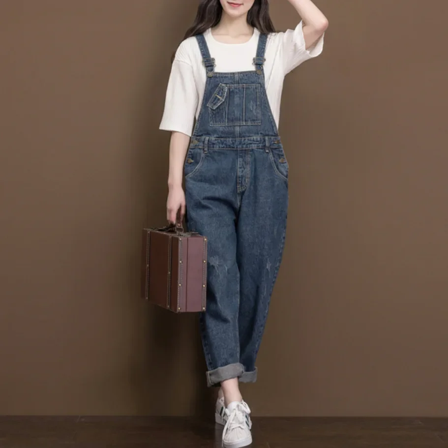 Women Vintage Casual Loose Denim Jumsuits Ladies Retro Denim Overalls Spaghetti Strap Ripped Jeans Romper Ladies Wide Leg Pants